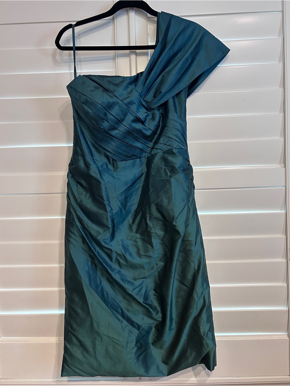 Marissa Baratelli One Shoulder Ruffled Thai Silk Cocktail Dress Teal Blue Size 8